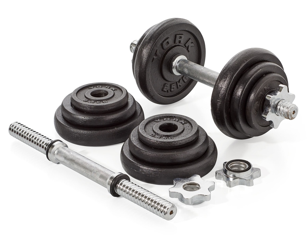 2429 York 20 KG Black Cast Iron Dumbbell Spinlock Set in case